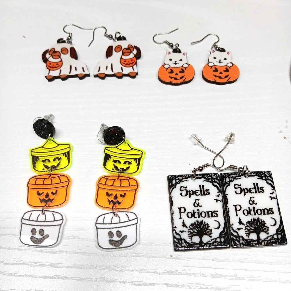 Halloween Earring Lot 6 Pairs Gothic Black Cat Skeleton Ghost Dog Spells Potions - Picture 3 of 9